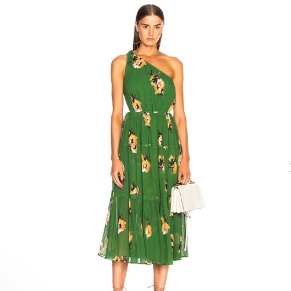 A.L.C Green floral printed one shoulder dress